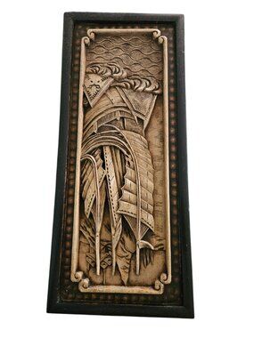 Vintage Asian Hand Carved Wood Chinese Junk Ship Wall Plaque Nautical 18x7.5